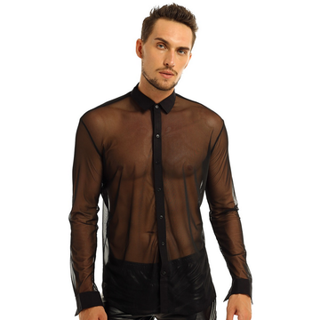 Men's See-through Mesh Shirt with Turn-down Collar and Long Sleeves / Sexy Outfits for Men - EVE's SECRETS